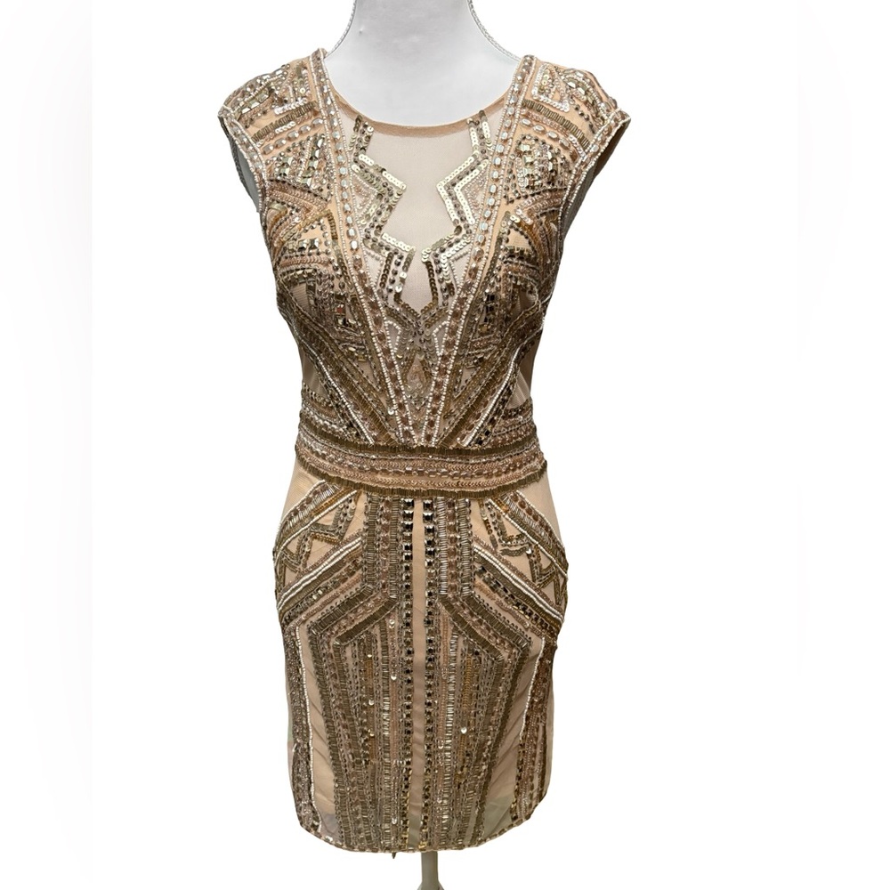 Miss Selfridge Nude and Gold Beaded Sheath Dress